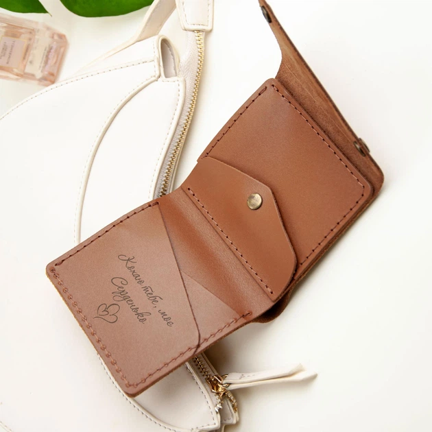 Компактный женский кошелек с гравировкой на заказ, Caramel, Malina Leather - изображение 2