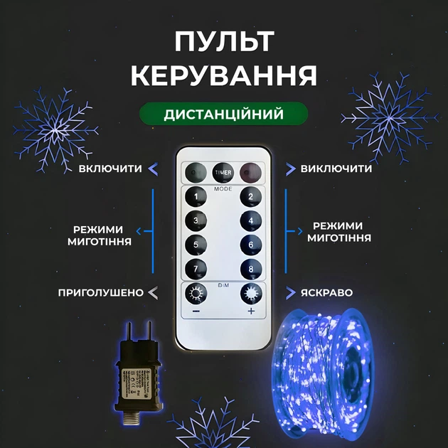 Гірлянда роса 200 метрів 2000 LED синя крапля на білому дроті з пультом управління - зображення 2