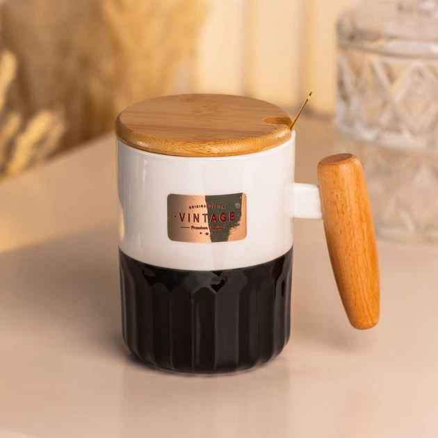 Чашка керамічна Vintage з бамбуковою кришкою та ложкою 400 мл Чорний з білим TS Kitchen HP7204B - зображення 4