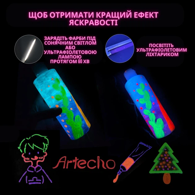 Акрилова неонова фарба Набір фарб акрилових флуоресцентних Артехо 20 мл. 8 кольорів - зображення 4