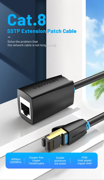 Подовжувач мережевого кабелю 40 Гбіт/с RJ45 Vention Ethernet-кабель-подовжувач Cat 8 10 м Black (IKHBL) - Фото 5 Подовжувач мережевого кабелю 40 Гбіт/с RJ45 Vention Ethernet-кабель-подовжувач Cat 8 10 м Black (IKHBL) - зображення 5