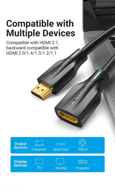 Кабель видео HDMI-удлинитель Vention 8K HDMI 2.1 Extender Male to Female 1.5 м Black (AHBBG) - Фото 2 Кабель видео HDMI-удлинитель Vention 8K HDMI 2.1 Extender Male to Female 1.5 м Black (AHBBG) - изображение 2