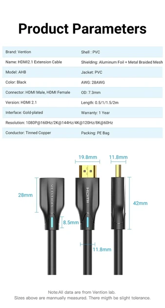 Кабель видео HDMI-удлинитель Vention 8K HDMI 2.1 Extender Male to Female 1.5 м Black (AHBBG) - Фото 5 Кабель видео HDMI-удлинитель Vention 8K HDMI 2.1 Extender Male to Female 1.5 м Black (AHBBG) - изображение 5