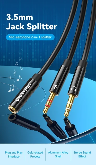 Сплиттер Vention переходник-разветвитель 2*3.5мм minijack - 3.5мм minijack 1.5 м Black (BBTBG) - Фото 2 Сплиттер Vention переходник-разветвитель 2*3.5мм minijack - 3.5мм minijack 1.5 м Black (BBTBG) - изображение 2