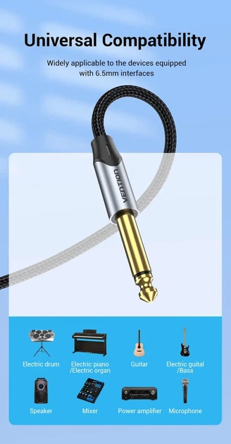 Кабель аудио Vention 6.5мм Jack - 6.5мм Jack HiFi Аудиоадаптер 6.35мм 1 м Black (BAS) - изображение 6