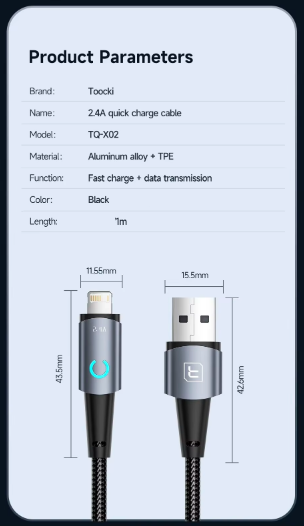 Кабель Toocki lightning USB 2.4A быстрая зарядка для iPhone 1м с LED подсветкой Черный - Фото 2 Кабель Toocki lightning USB 2.4A быстрая зарядка для iPhone 1м с LED подсветкой Черный - изображение 2