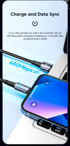 Кабель Toocki lightning USB 2.4A быстрая зарядка для iPhone 1м с LED подсветкой Черный - Фото 7 Кабель Toocki lightning USB 2.4A быстрая зарядка для iPhone 1м с LED подсветкой Черный - изображение 7