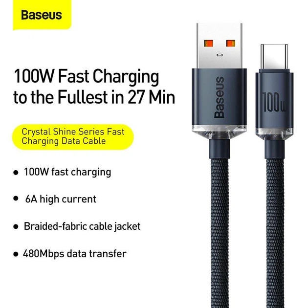 Кабель Baseus Crystal Shine Series USB - Type-C 2m 100W CAJY000501 черный - изображение 8