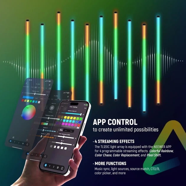 Профессиональная LED лампа стик свет для съемки NEEWER TL120C 42 Вт RGB 127см с управлением APP/2.4G/DMX RGB - изображение 6