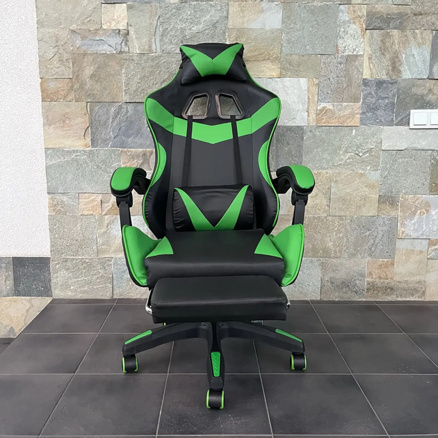 Комп'ютерне крісло з екошкіри підставка для ног PRESTIGE Rob-11 Чорно-зелене геймерське - зображення 2