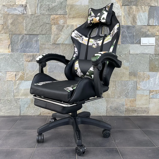 Комп'ютерне крісло з екошкіри підставка для ніг PRESTIGE Rob-11 Чорне з камуфляжними вставками Хакі геймерське - изображение 3
