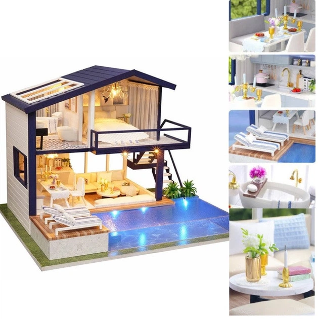 Румбокс Вилла с бассейном Интерьерный конструктор Cutebee Time Apartment DIY Dollhouse Kit DIY A-066 + музыкальный механизм - изображение 5