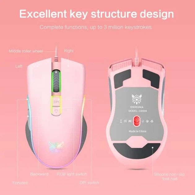 Мышь игровая ONIKUMA проводная USB с RGB подсветкой Gaming Pink (CW908 pink) - изображение 9