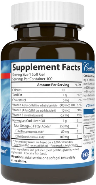 Жирные кислоты Carlson Жир из печени норвежской трески Cod Liver Oil 100 гелевых капсул 1000 мг (88395013010) - изображение 2