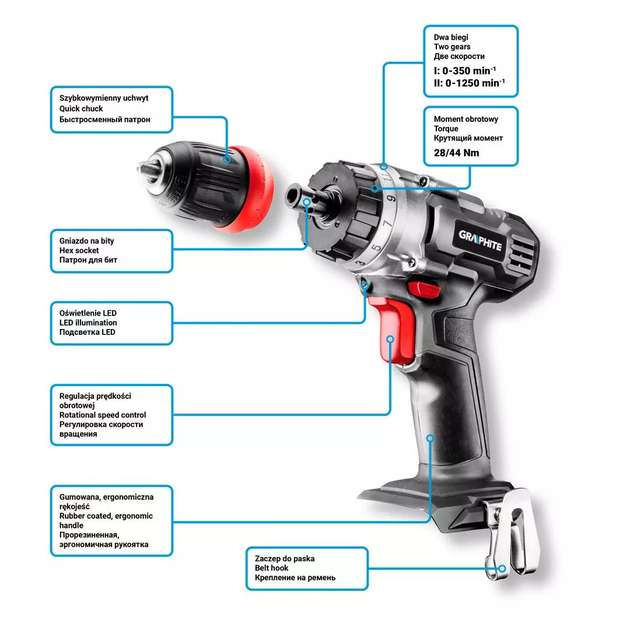 Акумуляторний дриль-шурупокрут Graphite Energy+ 18V 58G022-SET2 (5902062503718) - зображення 14