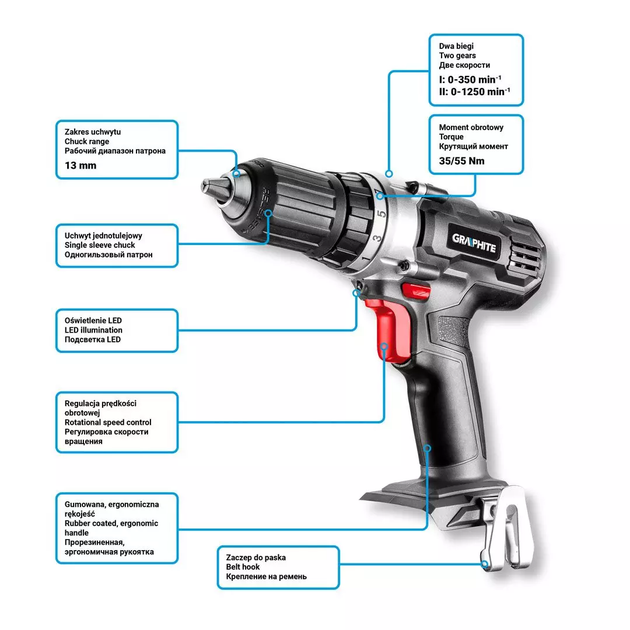 Акумуляторний дриль-шурупокрут Graphite Energy+ 18V 58G006-SET2 (5902062503640) - зображення 13