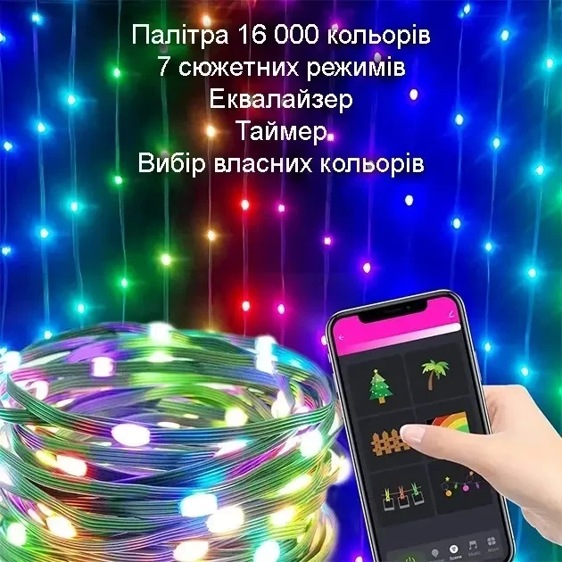 Новорічна LED гірлянда "Крапля роси" SFK-04 Програмована з пультом та керуванням Bluetooth USB 10м - Фото 3 Новорічна LED гірлянда "Крапля роси" SFK-04 Програмована з пультом та керуванням Bluetooth USB 10м - зображення 3