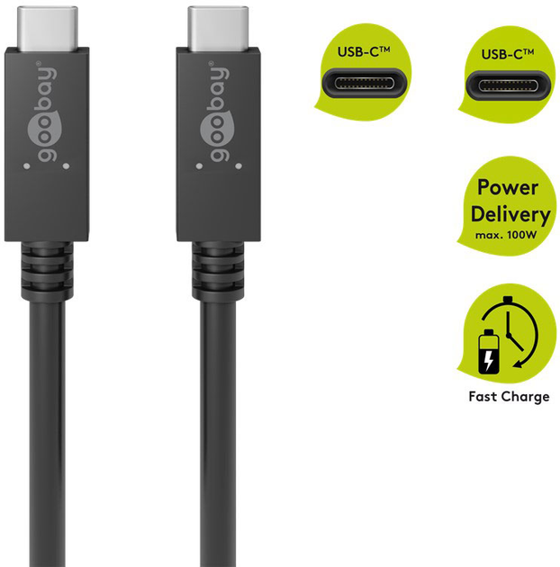 Kabel Goobay USB 3.2 Gen 2 do ładowania i synchronizacji 100 W Black 1 m (4040849492549) - obraz 2