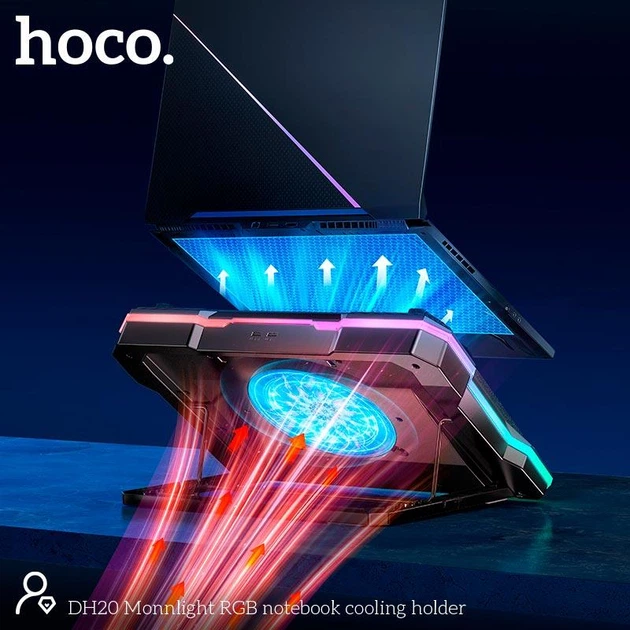 Охлаждающая подставка для ноутбука Hoco DH20 (2USB, 14"-19", 2200 об/мин., 7 углов наклона, RGB подсветка, 10 режимов, держатель для телефона) - Черный - изображение 7
