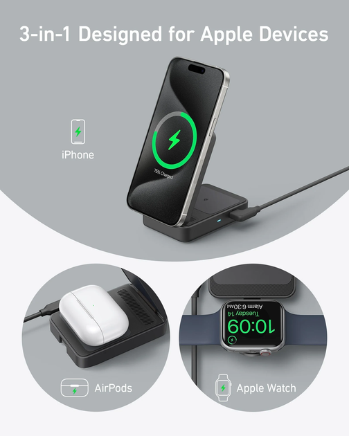 Зарядний пристрій Anker MagGo Wireless Charging Station 3-in-1 15W для iPhone (2000139) - Фото 6 Зарядний пристрій Anker MagGo Wireless Charging Station 3-in-1 15W для iPhone (2000139) - зображення 6