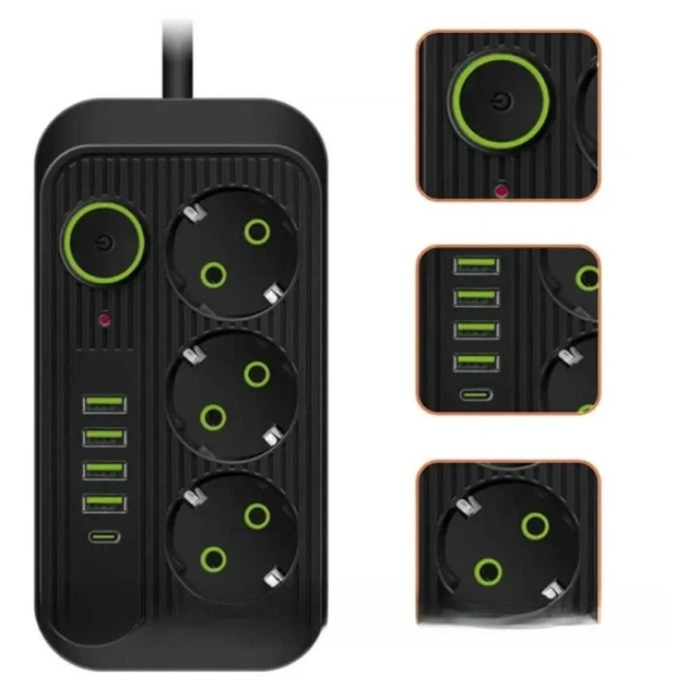 Мережевий фільтр подовжувач 3×220В+4×USB+1×Type-C 3м чорний - Фото 2 Мережевий фільтр подовжувач 3×220В+4×USB+1×Type-C 3м чорний - зображення 2