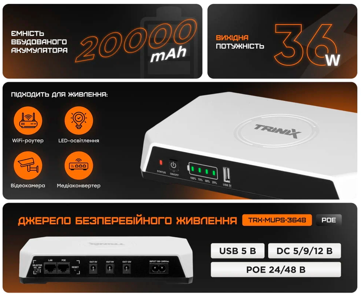 ИБП для маршрутизатора Trinix TRX-MUPS-3648PoE (20000mAh LiFePo4) 5V/9V/12V/24V/48V/PoE (42-00163) - изображение 7