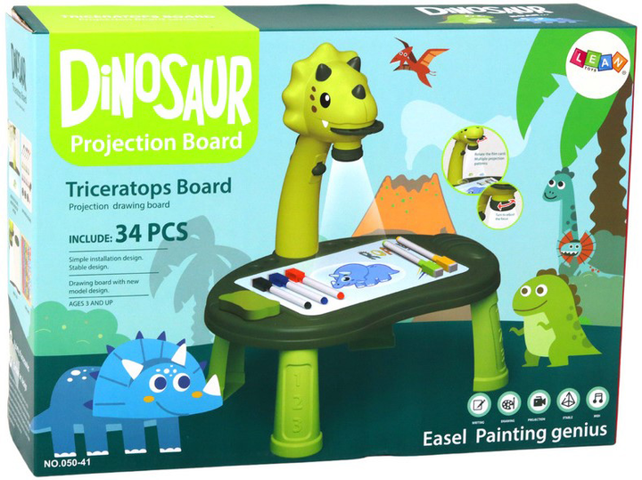 Stolik-projektor do rysowania Leantoys Projection Board Dinozaur Triceratops + Dwie gry 2 w 1 Zielony (5905991009887) - obraz 1