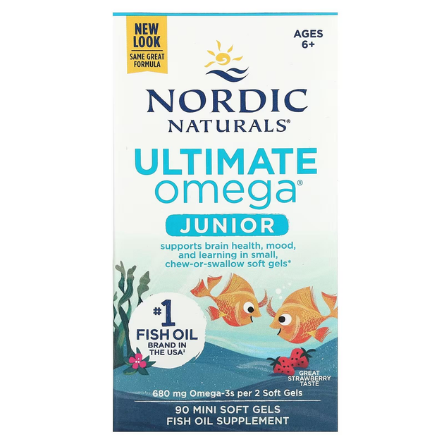 Омега для дітей віком від 6 до 12 років, Ultimate Omega Junior, Nordic Naturals, зі смаком полуниці, 680 мг, 90 м'яких желатинових міні-капсул. - зображення 1