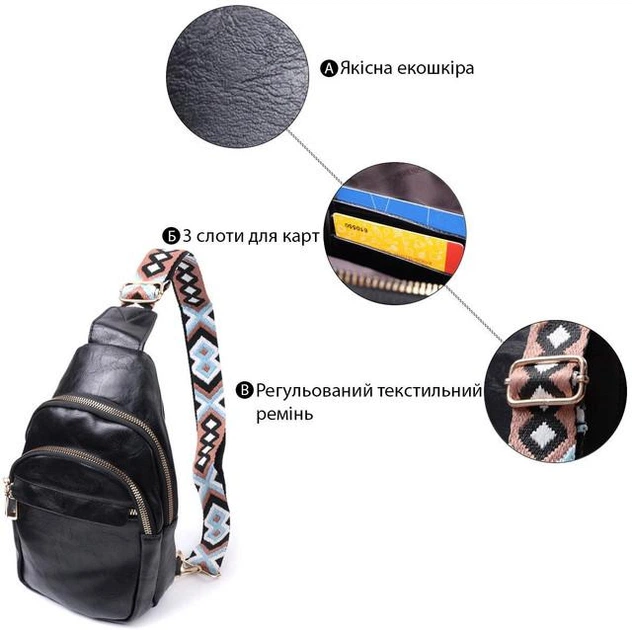 Женская сумка слинг Vintage 16х25х6,5 см черная через плечо из экокожи 60660 - изображение 4
