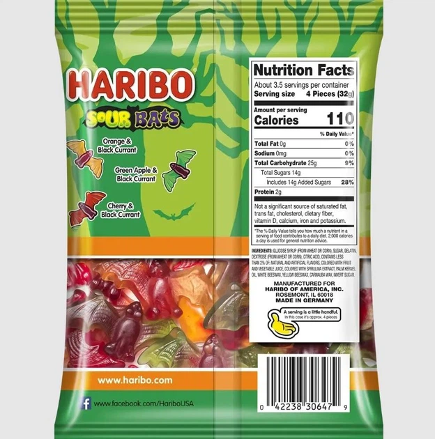 Жувальні цукерки у формі кажанів Haribo Sour Bats Gummy Candy 113г - Фото 2 Жувальні цукерки у формі кажанів Haribo Sour Bats Gummy Candy 113г - зображення 2
