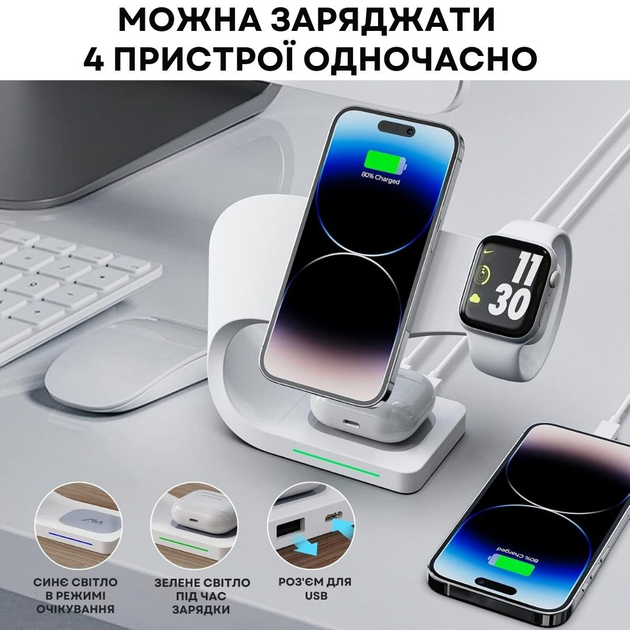 Бездротовий зарядний пристрій Ailink Dock Station C-line 4 в 1 Білий (AI-DS-C-line-3in1wh) - зображення 2