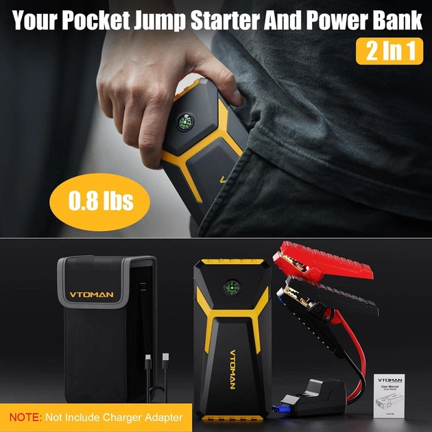 Пусковий пристрій VTOMAN V6 Pro 2000A Peak 12800mAh Бустер для авто з функцією Power Bank + ліхтар має чохол - изображение 7