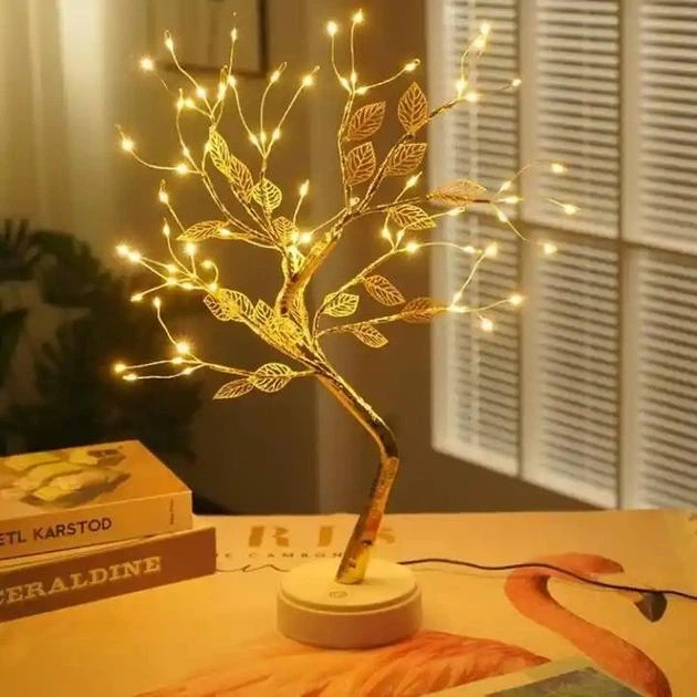 Настольный LED светильник ночник (Дерево Бонсай с Лепестками) на 72 LED Диода USB + 3AA Цвет света Теплый цвет лампы Золотистый - изображение 4