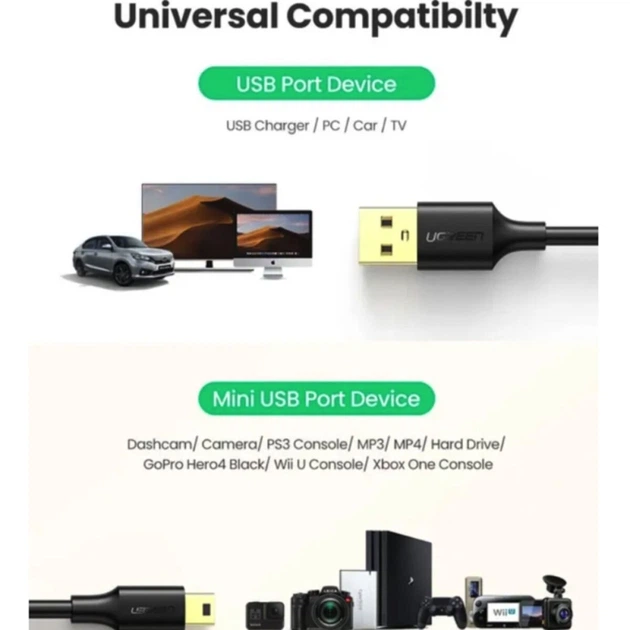 USB Data-Кабель UGREEN US132 USB 2.0 A Male to Mini 5 Pin Male Cable 1m, Black - зображення 4