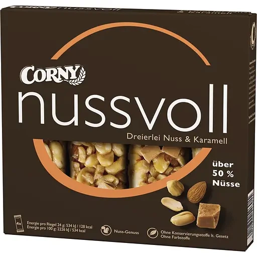 Упаковка злаковых батончиков Corny с орехами и карамелью 24 г х 4 шт (4011800547813/4011800549312) - Фото 1 Упаковка злаковых батончиков Corny с орехами и карамелью 24 г х 4 шт (4011800547813/4011800549312) - изображение 1