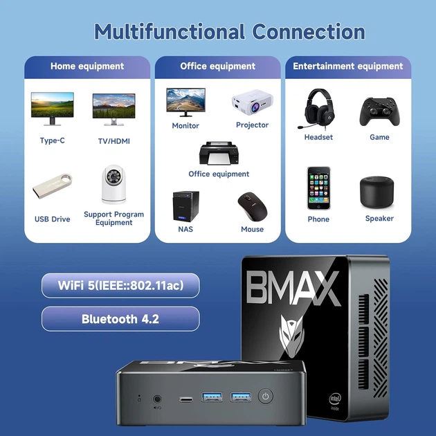Мини-ПК BMAX B4 Plus Intel N100 16 ГБ ОЗУ 512 ГБ SSD поддержка 3