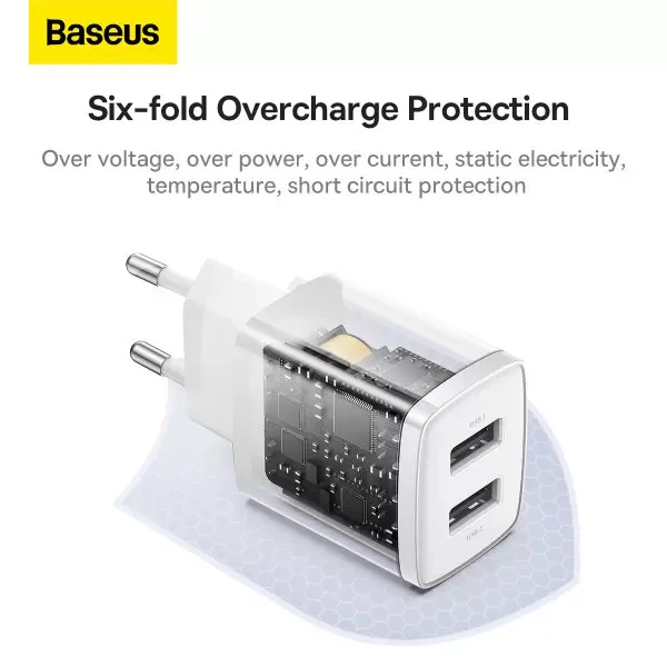 Зарядний пристрій Baseus Compact Charger 2USB 2.1A 10.5W, білий - Фото 10 Зарядний пристрій Baseus Compact Charger 2USB 2.1A 10.5W, білий - зображення 10