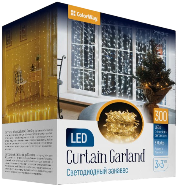 Girlanda LED ColorWay Curtain Garland 300 LED 3 x 3 m Warm White (CW-GW-300L33V) - obraz 1