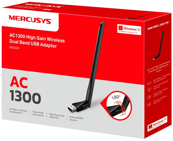 Wi-Fi адаптер Mercusys MA30H WiFi5 / AC1300 / MU-MIMO / зовнішня антена з високим коефіцієнтом посилення 5 дБі - зображення 3