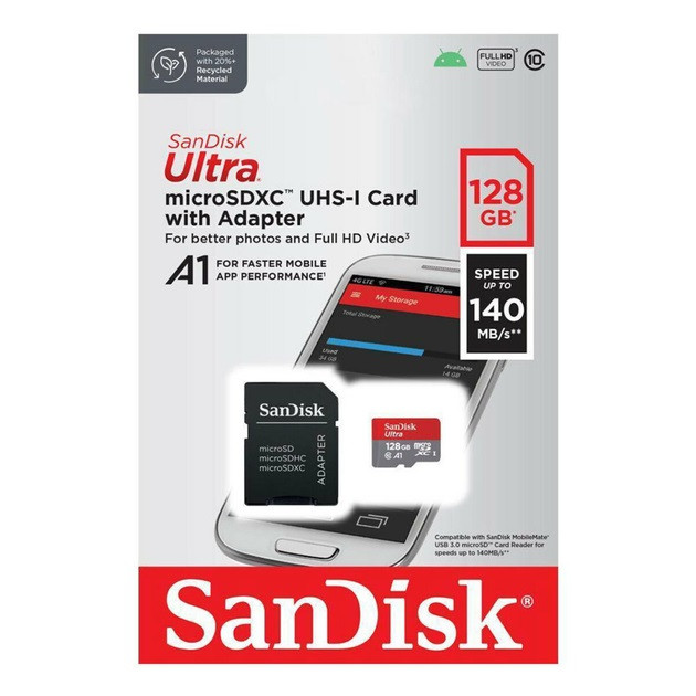 Карта памяти microSDXC - SanDisk Ultra 128Gb class 10 A1 (140Mb/s) (adapter SD) SDSQUAB-128G-GN6MA - изображение 5