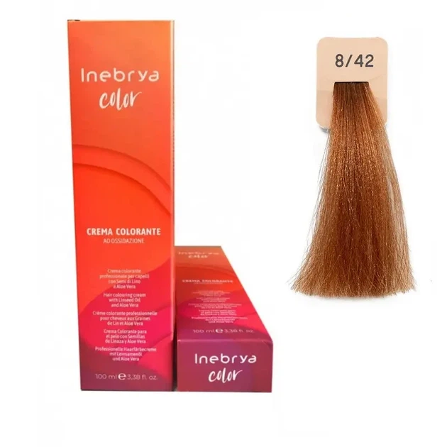 Крем-фарба для волосся Inebrya Color Linseed Oil and Aloe Vera 8/42 світло-русявий коньячний блондин 100 мл - Фото 2 Крем-фарба для волосся Inebrya Color Linseed Oil and Aloe Vera 8/42 світло-русявий коньячний блондин 100 мл - зображення 2