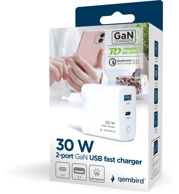 Мережевий зарядний пристрій Gembird PD30W, USB-A+Type-C (TA-UC-PDQC30L-W-01) - зображення 7