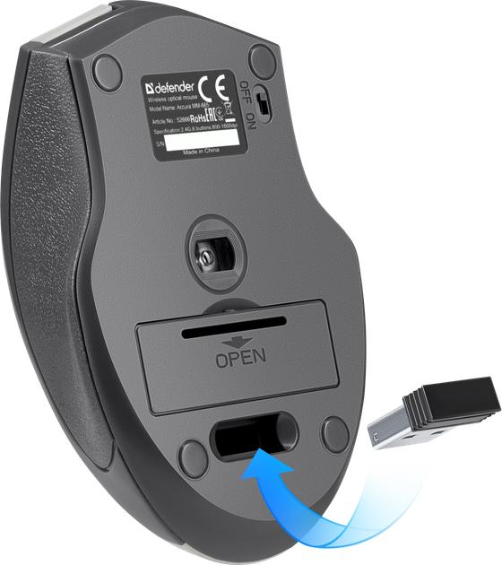 Компьютерная мышка беспроводная Defender Accura MM-665, USB, оптическая, 1600 dpi, 6 кнопок, 2xAAA Gray/Black - изображение 2