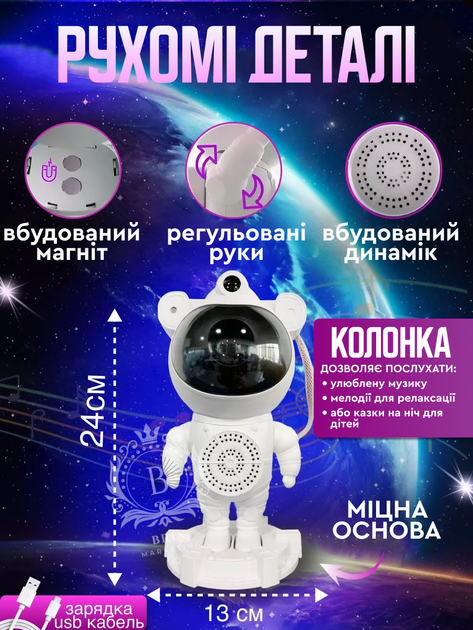 Ночник светильник проектор звездного неба Космонавт Астронавт с Bluetooth колонкой Лазерный проектор Белый с черным - изображение 2