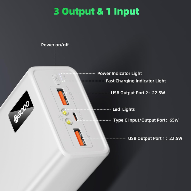 УМБ VHG M16 30000 mAh QC3.0+PD3.0 65W Laptop Power Bank, White - зображення 5