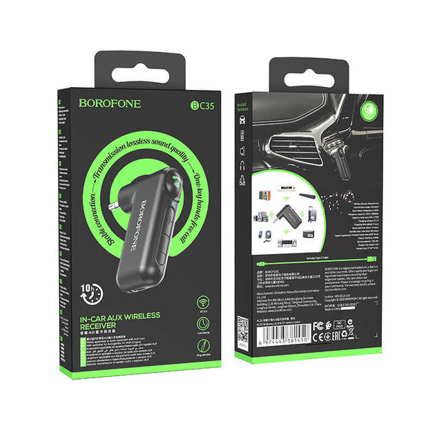 Аудиоадаптер Bluetooth aux гарнитура в машину BOROFONE BC35 |BT5.0, Mic, 10Hours, AUX| Черный - изображение 2