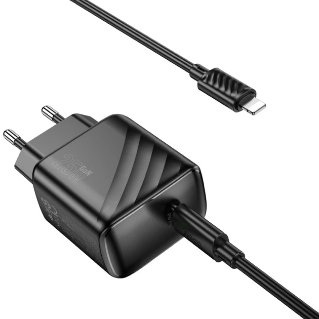 Сітковий зарядний пристрій Hoco CS24A 1USB-C PD/QC 25W+Type-C to Lightning Колір Чорний - зображення 6