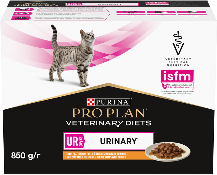 Упаковка вологого дієтичного корму для дорослих котів Purina Pro Plan Veterinary Diets UR ST/OX Urinary для розчинення струвітних каменів з куркою 10x85 г (7613035613331/8445290093592) - зображення 4