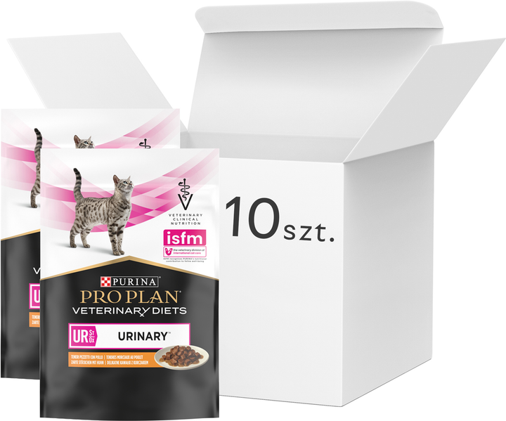 Opakowanie mokrej karmy dietetycznej dla dorosłych kotów Purina Pro Plan Veterinary Diets UR ST/OX Urinary do rozpuszczania kamieni struwitowych z kurczakiem 10x85 g (7613035613331/8445290093592) - obraz 1