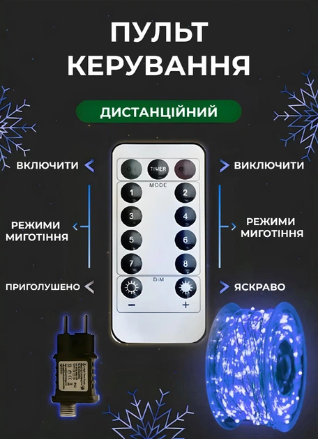 Светодиодная гирлянда роса 100 метров 1000 led на котушке с пультом 8 режимов белый провод Синий - изображение 5